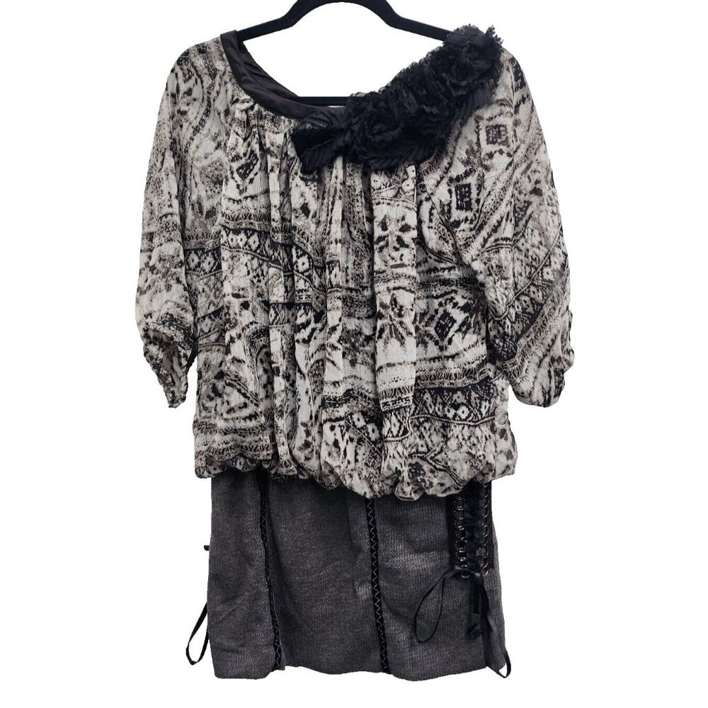 Forla Paris Womens Corset Hem Tunic Top Medium 3/4‎ Sleeve Whimsygoth Grunge